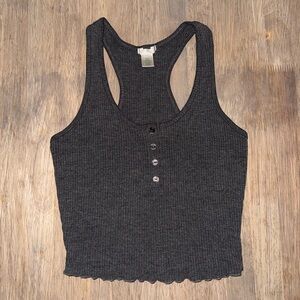 Bozzolo Charcoal Grey Ribbed Crop Tank Top with Buttons